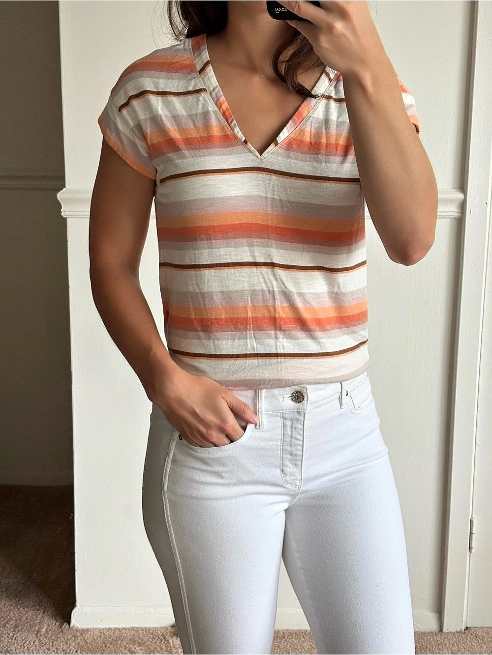 White House Black Market Striped V-Neck Tee